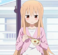 Rule 34 | 10s, 1girl, blonde hair, blush, bowl, brown eyes, brown hair, chopsticks, closed mouth, doma umaru, himouto! umaru-chan, indoors, long hair, rice bowl, screencap, solo, stitched, third-party edit, wavy mouth, window