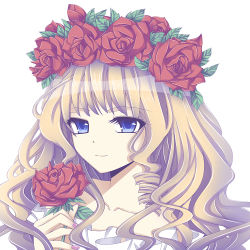 Rule 34 | 1girl, bad id, bad pixiv id, bare shoulders, blonde hair, blue eyes, collarbone, die ying, drill hair, eyebrows, eyelashes, flower, holding, holding flower, long hair, nail polish, original, pink nails, portrait, rose, smile, solo, upper body, wreath