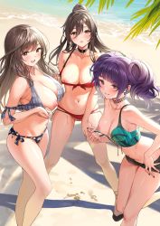 Rule 34 | 3girls, :d, :o, absurdres, ameyame, armpits, bare arms, bare legs, bare shoulders, beach, bikini, bikini pull, black choker, black hair, black shorts, blush, breasts, brown eyes, brown hair, choker, cleavage, clothes pull, collarbone, commentary request, crop top, day, ear piercing, earrings, floral print, front-tie bikini top, front-tie top, hair between eyes, halterneck, halterneck, highres, idolmaster, idolmaster shiny colors, jewelry, large breasts, layered bikini, leaning forward, long hair, looking at viewer, midriff, mismatched bikini, multiple girls, nail polish, navel, nipples, open mouth, outdoors, piercing, plaid, plaid bikini, ponytail, purple eyes, purple hair, red bikini, red eyes, sand, shadow, shirase sakuya, short shorts, shorts, side-tie bikini bottom, sleeveless, smile, standing, stomach, strap gap, sunlight, sweat, swimsuit, tanaka mamimi, thighs, tsukioka kogane, twintails, water, wet