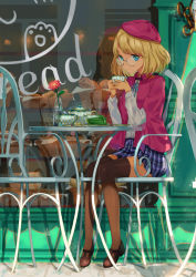 Rule 34 | 1girl, basket, beret, blonde hair, blue eyes, bread, brown thighhighs, cake, chair, cup, food, glasses, hat, highres, loobely, looking at viewer, original, plate, saucer, sitting, skirt, solo, table, teacup, teapot, thighhighs, zettai ryouiki