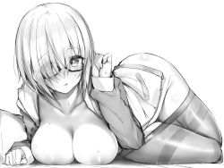 Rule 34 | 1girl, bad id, bad twitter id, blue gk, breast press, breasts, bright pupils, clothes pull, collarbone, commentary, eyes visible through hair, fate/grand order, fate (series), glasses, greyscale, tucking hair, highres, hood, hoodie, inactive account, large breasts, long sleeves, looking at viewer, lying, mash kyrielight, monochrome, open clothes, pantyhose, pantyhose pull, parted lips, short hair, solo, sweat, thighband pantyhose