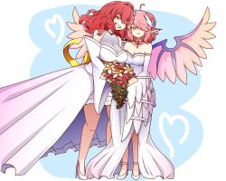 Rule 34 | 2girls, absurdres, ahoge, alternate costume, alternate hairstyle, animal ear piercing, animal ears, bird ears, bird girl, blue background, bouquet, breasts, cleavage, commentary, commission, dress, english commentary, flower, hair down, hair intakes, hair over one eye, heart, high heels, highres, iriya55, jewelry, large breasts, medium breasts, multiple girls, mystia lorelei, necklace, onozuka komachi, red eyes, red hair, smile, strapless, strapless dress, touhou, touhou lostword, wedding dress, white dress, white footwear, wings, yellow eyes