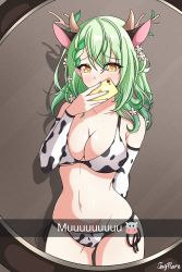 Rule 34 | 1girl, absurdres, animal ears, animal print, antlers, aqua nails, arm behind back, bikini, blush, branch, breasts, cellphone, ceres fauna, commentary, covered mouth, cow ears, cow horns, cow print, cow print bikini, english commentary, fake phone screenshot, fake screenshot, flower, green hair, hair flower, hair ornament, highres, holding, holding phone, hololive, hololive english, horns, jay flare, large breasts, leaf, mirror, mole, mole under eye, nail polish, navel, phone, print bikini, print sleeves, print thighhighs, raised eyebrows, reflection, selfie, side-tie bikini bottom, signature, smartphone, snapchat, solo, stomach, swimsuit, thighhighs, virtual youtuber, yellow eyes