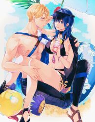 Rule 34 | 1boy, 1girl, artist request, ball, bare arms, beachball, bikini, black bikini, black footwear, blonde hair, blue eyes, blue hair, blush, breasts, brown footwear, byleth (female) (fire emblem), byleth (female) (summer) (fire emblem), byleth (fire emblem), choker, cocktail glass, couple, cup, dimitri alexandre blaiddyd, drinking glass, feet out of frame, fire emblem, fire emblem: three houses, flower, hair flower, hair ornament, hamut nl, hand on another&#039;s shoulder, hibiscus, highres, holding, holding cup, innertube, large breasts, looking at another, medium hair, muscular, muscular male, nintendo, outdoors, palm tree, parted lips, pectorals, red flower, sandals, short hair, sitting, sitting on lap, sitting on person, swim ring, swimsuit, tree, visor cap, wristband