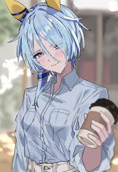 Rule 34 | 1girl, animal ears, blue eyes, blue hair, blue shirt, blurry, blurry background, blush, coffee cup, commentary, cup, disposable cup, ear covers, hair between eyes, highres, horse ears, horse girl, k.s.miracle (umamusume), looking at viewer, m75255831, official alternate costume, outdoors, pants, shirt, smile, solo, umamusume, upper body, white pants