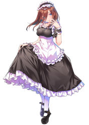 Rule 34 | 1girl, absurdres, alternate costume, black footwear, blue eyes, closed mouth, commentary request, enmaided, eyes visible through hair, full body, go-toubun no hanayome, hachiroku (hatirokusann86), hair between eyes, hand up, highres, looking at viewer, maid, maid headdress, mary janes, nakano miku, shoes, simple background, smile, solo, standing, white background