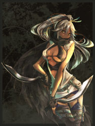 Rule 34 | 1girl, alternate hair color, bad id, bad pixiv id, bag, belt, bleach, boots, border, bra, breasts, cleavage, cosplay, covering face, covering own mouth, covering privates, dagger, dark-skinned female, dark skin, dual wielding, earrings, feathers, fighting stance, fingerless gloves, garter belt, garter straps, gloves, hair ornament, hair ribbon, highres, holding, holster, jewelry, knife, large breasts, lingerie, long hair, machete, outside border, ponytail, resident evil, resident evil (movie), reverse grip, ribbon, satchel, scarf, scarf over mouth, shihouin yoruichi, silver hair, sleeveless, solo, stance, suribachi (miyabi), thigh boots, thigh holster, thigh strap, thighhighs, underwear, weapon, yellow eyes