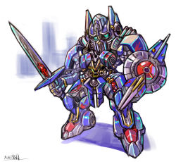 Rule 34 | autobot, blue eyes, highres, holding, holding shield, holding sword, holding weapon, looking at viewer, mecha, no humans, oomasa teikoku, optimus prime, robot, shield, standing, sword, transformers, transformers: the last knight, transformers (live action), weapon, white background