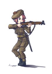 Rule 34 | 1girl, absurdres, aiming, bayonet, belt, beret, black footwear, blunt ends, bolt action, boots, breast pocket, british army, brown hair, brown hat, brown jacket, brown pants, commentary, finger on trigger, gaiters, gun, gun sling, hat, hat ornament, highres, holding, holding gun, holding weapon, jacket, lee-enfield, long sleeves, looking to the side, military, military hat, military uniform, one eye closed, original, pants, pocket, pom pom (clothes), rifle, shadow, sheath, sheathed, short hair, sidelocks, simple background, soldier, solo, standing, uniform, united kingdom, warriordesu, weapon, white background, world war ii
