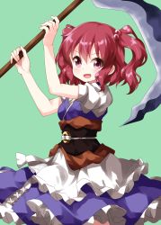 Rule 34 | 1girl, :d, apron, arms up, blue dress, blush, breasts, brown sash, commentary request, cowboy shot, dress, frilled apron, frills, green background, hair between eyes, hair bobbles, hair ornament, highres, holding, holding scythe, holding weapon, looking at viewer, medium breasts, obi, onozuka komachi, open mouth, petticoat, puffy short sleeves, puffy sleeves, purple eyes, red hair, ruu (tksymkw), sash, scythe, short hair, short sleeves, simple background, smile, solo, standing, touhou, two side up, waist apron, weapon, white apron