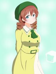 Rule 34 | 1girl, aqua eyes, arm behind back, artist name, artist request, belt, blue eyes, blush, braid, breasts, brown hair, buttons, collared shirt, drill hair, emma verde, female focus, freckles, green hat, green neckwear, hair between eyes, hat, highres, long hair, looking at viewer, love live!, love live! nijigasaki high school idol club, love live! school idol festival, medium breasts, mirai harmony, parted lips, red hair, shirt, short hair, skirt, smile, solo, twin braids, twintails, white shirt, white skirt, yellow belt, yellow shirt, yellow skirt, yuuri urara