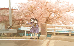 Rule 34 | 2girls, :d, ^ ^, ankle socks, arm up, black eyes, black footwear, black hair, blouse, blue serafuku, blue shirt, blue skirt, building, cellphone, cherry blossoms, closed eyes, day, dot nose, from side, hair ornament, hand up, head tilt, holding, holding phone, house, leg up, loafers, locked arms, long sleeves, looking away, low twintails, medium hair, medium skirt, monaka (siromona), multiple girls, neckerchief, no lineart, open mouth, original, outdoors, outstretched arm, parted bangs, petals, phone, pleated skirt, puffy long sleeves, puffy sleeves, railing, road, round teeth, sailor collar, scenery, school uniform, selfie, serafuku, shirt, shoes, short hair, short twintails, skirt, sky, smartphone, smile, socks, spring (season), standing, street, teeth, tile roof, tree, twintails, upper teeth only, utility pole, v, white legwear, white sky, wide shot, wind, yellow neckerchief