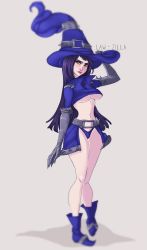 Rule 34 | 1girl, boots, breasts, eyeshadow, female focus, full body, gauntlets, hat, highres, law-zilla, league of legends, lipstick, long hair, makeup, medium breasts, panties, purple eyes, purple hair, solo, standing, underboob, underwear, veigar, witch, witch hat, yellow eyes