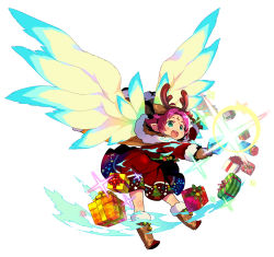 Rule 34 | 1girl, absurdres, antlers, bell, boots, bow, box, brown gloves, cape, dragon wings, dress, facial mark, fae (fire emblem), fae (winter) (fire emblem), fire emblem, fire emblem: the binding blade, fire emblem heroes, forehead mark, full body, fur trim, gift, gift box, gloves, green eyes, highres, himukai yuuji, horns, leg up, long sleeves, nintendo, official art, open mouth, outstretched arm, pointy ears, purple hair, reindeer antlers, short hair, simple background, solo, white background, wings