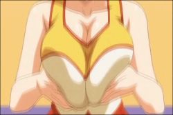 Rule 34 | animated, animated gif, blue eyes, blue hair, blush, grabbing another&#039;s breast, breast press, breasts squeezed together, breasts, cleavage, clothes, grabbing, gym uniform, huge breasts, long hair, open mouth, paizuri cheerleader vs sakunyuu ouendan, shizukuishi chieri, t-rex (animation studio)