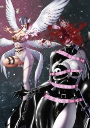Rule 34 | 2girls, absurdres, angewomon, armor, attack, blood, bound, breastplate, breasts, chain, death, digimon, digimon (creature), digimon adventure, eyeball, good vs evil, guro, hands out, headshot, highres, ladydevimon, large breasts, light and dark, multiple girls, nipple slip, nipples, squirting liquid, wings, wrapped up