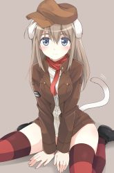 Rule 34 | 1girl, animal ears, bad id, bad pixiv id, blue eyes, blush, breasts, brown hair, cat ears, colored eyelashes, hat, jacket, long hair, looking at viewer, mobu, scarf, simple background, sitting, smile, solo, strike witches, strike witches: katayoku no majo-tachi, striped clothes, striped thighhighs, tail, thighhighs, wariza, wilma bishop, world witches series