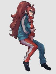 Rule 34 | 1girl, alternate costume, alternate hairstyle, android 21, blue eyes, closed mouth, dragon ball, dragon ball fighterz, full body, glasses, grey background, jacket, kemachiku, long hair, looking at viewer, multicolored clothes, multicolored jacket, ponytail, simple background, solo, two-tone jacket
