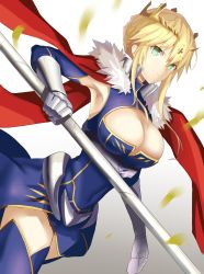 Rule 34 | absurdres, armor, armored dress, artoria pendragon (all), artoria pendragon (fate), artoria pendragon (lancer) (fate), blonde hair, blush, braid, c3yooooo, cape, covered navel, cowboy shot, crown, dress, energy, fate/grand order, fate (series), french braid, fur trim, gloves, green eyes, heattech leotard, highres, holding, holding weapon, jewelry, lance, looking at viewer, mature female, navel, pauldrons, polearm, saber (fate), short hair, short hair with long locks, shoulder armor, simple background, smile, solo, turtleneck, weapon, white background