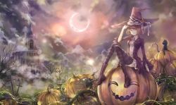 Rule 34 | 1girl, animal, blonde hair, boots, cat, cloud, cross, halloween, hat, md5 mismatch, mio (pixiv6572033), moon, original, pumpkin, purple eyes, resized, short hair, shrine, thighhighs, tree, witch, witch hat