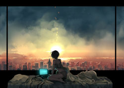 Rule 34 | 1girl, arm support, back, backlighting, barefoot, bed, bed sheet, bedroom, blue sky, brown hair, building, camisole, city, cloud, computer, facing away, from behind, horizon, indoors, kneeling, kyouichi, laptop, legs, lying, ocean, on bed, original, panties, pillow, reflection, scenery, short hair, sitting, sky, skyline, skyscraper, solo, strap slip, sun, sunrise, sunset, thighs, underwear, underwear only, wallpaper, wariza, water