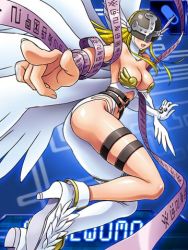 Rule 34 | 1girl, angel wings, angewomon, ass, asymmetrical clothes, blonde hair, breasts, cleaned, cleavage, covered eyes, digimon, digimon (creature), helmet, high heels, lowres, o-ring, official art, open mouth, outstretched arm, pointing, solo, thigh strap, twisted torso, wings