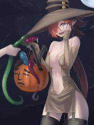 Rule 34 | 1girl, animal penis, bare shoulders, blue eyes, breasts, center opening, cleavage, consensual tentacles, dildo, dress, elbow gloves, fingerless gloves, full moon, garter straps, glasses, gloves, hair over one eye, halloween, hand on own face, hat, highres, horse dildo, horse penis, impossible clothes, impossible dress, jack-o&#039;-lantern, jiffic, long hair, low ponytail, moon, navel, no panties, orange hair, original, penis, pointy ears, pussy juice, sex toy, shaea (jiffic), slime (substance), smile, solo, strapless, strapless dress, tentacles, thighhighs, trick or treat, witch hat, yaranaika