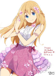 Rule 34 | 1girl, bare shoulders, blonde hair, blue eyes, bow, breasts, commentary request, eyebrows, flower, frills, hair between eyes, hair flower, hair ornament, happy birthday, highres, k-on!, kotobuki tsumugi, long hair, looking at viewer, medium breasts, nail polish, pink bow, pink skirt, ragho no erika, shirt, simple background, skirt, white background, white shirt