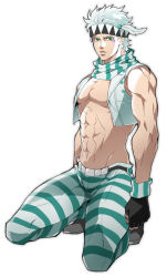 Rule 34 | 1boy, bad id, bad pixiv id, caesar anthonio zeppeli, danemaru, facial mark, feather hair ornament, feathers, fingerless gloves, gloves, green eyes, hair ornament, headband, jojo no kimyou na bouken, kneeling, male focus, official alternate costume, official style, pants, scarf, solo, striped clothes, striped pants, vest, white hair