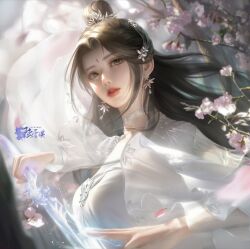 Rule 34 | 1girl, absurdres, brown hair, cherry blossoms, collar, dress, earrings, energy, facial mark, flower, forehead mark, glowing, hair bun, hair flower, hair ornament, highres, holding, holding sword, holding weapon, index fingers together, jewelry, long hair, looking to the side, lu xueqi (zhu xian), parted lips, second-party source, solo, sword, upper body, weapon, weiwu da tuzi doris, white dress, zhu xian