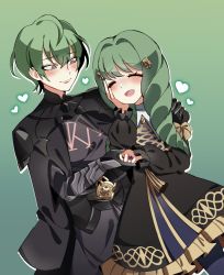 Rule 34 | 1boy, 1girl, armor, black gloves, blush, byleth (fire emblem), byleth (male) (fire emblem), cape, closed eyes, crescent moon, dress, drill hair, eine (eine dx), fire emblem, fire emblem: three houses, flayn (fire emblem), garreg mach monastery uniform, gloves, greaves, green background, green eyes, green hair, hair ornament, hand on own face, heart, holding hands, jewelry, moon, nintendo, open mouth, ring, short hair, simple background, smile, standing
