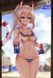Rule 34 | 1girl, absurdres, ayanami (azur lane), azur lane, bad id, bad pixiv id, bikini, bikini bottom only, blue sky, blurry, blurry background, blush, breasts, cafe pretor, can, cleavage, closed mouth, cloud, commentary request, condensation, cowboy shot, day, depth of field, hair between eyes, headgear, highres, hip focus, holding, holding can, indoors, lifebuoy, light brown hair, long hair, looking at viewer, medium breasts, navel, neckerchief, pepsi, pink scrunchie, ponytail, red eyes, scrunchie, sidelocks, sky, solo, standing, striped bikini, striped bikini bottom, striped clothes, swim ring, swimsuit, white bikini, wrist scrunchie, yellow neckerchief