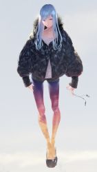 Rule 34 | 1girl, aqua hair, coat, collarbone, fur collar, grey background, highres, jewelry, md5 mismatch, medium hair, multicolored clothes, multicolored legwear, nail polish, necklace, original, resolution mismatch, ring, simple background, solo, source smaller, sousou (sousouworks), sunset