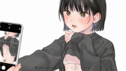 Rule 34 | 1girl, bikini, bikini under clothes, black hair, blush, breasts, cellphone, clothes lift, commentary, grey eyes, grey sweater, holding, holding phone, licking lips, lifted by self, nakamura kuzuyu, open mouth, original, phone, selfie, short hair, simple background, small breasts, smartphone, solo, sweater, sweater lift, swimsuit, symbol-only commentary, teeth, tongue, tongue out, upper body, white background, white bikini
