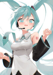 Rule 34 | 1girl, 200f (nifu), absurdres, bare shoulders, black skirt, blue eyes, blue hair, blush, body writing, breasts, collared shirt, detached sleeves, fingernails, hair ornament, hand up, hatsune miku, headphones, highres, long hair, looking at viewer, medium breasts, microphone, necktie, open mouth, shirt, skirt, sleeveless, sleeveless shirt, solo, twintails, upper body, very long hair, vocaloid, white shirt, wide sleeves