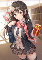 Rule 34 | 1girl, :o, bag, black hair, black thighhighs, blazer, blurry, box, breasts, brown cardigan, brown eyes, brown skirt, buttons, cardigan, charm (object), collared shirt, cowboy shot, depth of field, fringe trim, gift, gift box, hair ribbon, hand up, highres, holding, holding gift, jacket, long hair, long sleeves, looking at viewer, medium breasts, miniskirt, necktie, open clothes, open jacket, open mouth, original, pink scarf, plaid, plaid skirt, pleated skirt, r o ha, ribbon, scarf, school bag, school uniform, shelf, shirt, sidelocks, skirt, solo, standing, thighhighs, undershirt, white shirt, wing collar, yellow ribbon, zettai ryouiki
