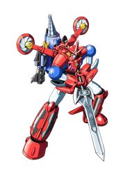 Rule 34 | from above, full body, getter dragon, getter robo, getter robo g, holding, holding sword, holding weapon, mecha, moukin punch, no humans, orange eyes, robot, science fiction, solo, super robot, sword, weapon, white background