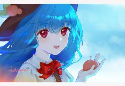 Rule 34 | 1girl, black headwear, blue hair, bow, bowtie, buttons, center frills, collared shirt, commentary request, eyelashes, face, food, frilled shirt, frills, fruit, happy, hinanawi tenshi, holding, holding food, holding fruit, ichita (yixisama-shihaohaizhi), long hair, open mouth, peach, peach hat ornament, red bow, red bowtie, red eyes, shirt, short sleeves, teeth, touhou, upper teeth only, very long hair, white shirt