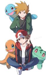 Rule 34 | 2boys, absurdres, baseball cap, blue oak, brown eyes, brown hair, bulbasaur, charmander, closed mouth, commentary, creatures (company), game freak, gen 1 pokemon, grin, hand on another&#039;s shoulder, hat, highres, hood, hood down, hoodie, jayj 824, leaning forward, looking at viewer, male focus, multiple boys, nintendo, open clothes, open hoodie, pants, pokemon, pokemon (creature), pokemon frlg, red (pokemon), red headwear, shirt, shoes, short hair, sitting, smile, sneakers, spiked hair, squirtle, starter pokemon trio, symbol-only commentary, teeth, white shirt