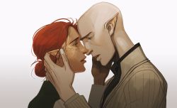 Rule 34 | 1boy, 1girl, bald, cheetahman (1ddghfr78cswc), dragon age, dragon age: inquisition, elf, eye contact, facial tattoo, freckles, from side, green eyes, hair bun, hand on another&#039;s face, hetero, imminent kiss, inquisitor (dragon age), looking at another, parted lips, pointy ears, red hair, shirt, single hair bun, solas, tattoo, white background