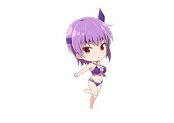 Rule 34 | 1girl, ayane (doa), bikini, blush, breasts, chibi, cleavage, criss-cross halter, dead or alive, dead or alive xtreme venus vacation, full body, halterneck, headband, large breasts, looking at viewer, navel, official art, purple bikini, purple hair, red eyes, short hair, simple background, standing, standing on one leg, swimsuit, tecmo, white background