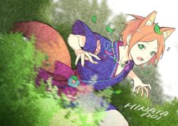 Rule 34 | 10s, 1boy, alternate costume, animal ears, aoi hinata, bead necklace, beads, bush, character name, ensemble stars!, fangs, fox ears, green eyes, japanese clothes, jewelry, kemonomimi mode, kitsune, leaf, looking at viewer, magatama, male focus, necklace, open mouth, orange hair, solo, soul (tamashii)
