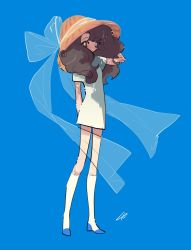 Rule 34 | 1girl, big hair, blue background, brown hair, dress, hat, inata17ta, long hair, looking at viewer, original, short sleeves, simple background, solo, straw hat, white dress