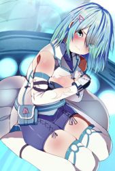 Rule 34 | 1girl, aqua eyes, aqua hair, belt pouch, blush, commentary request, covering privates, covering breasts, dead or alive, dead or alive 6, eyes visible through hair, gloves, hair ornament, hairclip, highres, looking at viewer, nico (doa), nishisan (mikurosu), pouch, seiza, short hair, shorts, sitting, solo, thighhighs, torn clothes