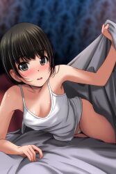 Rule 34 | 1girl, absurdres, arm up, bare arms, bare shoulders, black hair, blanket, blurry, blurry background, blush, breasts, brown eyes, camisole, collarbone, depth of field, highres, looking at viewer, matsunaga kouyou, nose blush, original, panties, parted lips, small breasts, solo, teeth, underwear, underwear only, upper teeth only, white camisole, white panties
