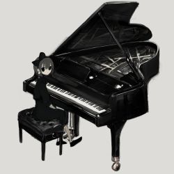 Rule 34 | 1girl, black pants, black shirt, closed mouth, earrings, from behind, grey background, greyscale, hairband, highres, instrument, jewelry, looking at viewer, looking back, medium hair, monochrome, narue, original, pants, piano, shirt, simple background, solo, stool