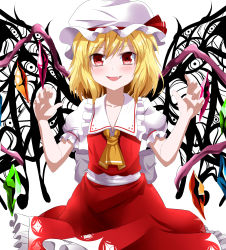 Rule 34 | 1girl, 422322, absurdres, ascot, blonde hair, blush, e.o., fang, female focus, flandre scarlet, hat, highres, open mouth, red eyes, skirt, skirt set, smile, solo, touhou, wings