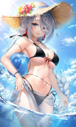 Rule 34 | 1girl, absurdres, alternate costume, armlet, armpits, ball, bare arms, bare shoulders, beachball, bikini, black bikini, blue eyes, bracelet, braid, breasts, brown hat, commentary request, cowboy shot, day, earrings, flower, front-tie bikini top, front-tie top, genshin impact, hat, hat flower, hibiscus, highres, jewelry, large breasts, long hair, looking at viewer, multi-strapped bikini, navel, outdoors, parted lips, revision, sarong, shenhe (genshin impact), side-tie bikini bottom, single braid, smile, solo, ssong2, standing, stomach, straw hat, string bikini, sun hat, swimsuit, tassel, very long hair, wading, water, wet, white hair