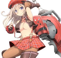 Rule 34 | 10s, 1girl, alisa ilinichina amiella, blue eyes, blush, boots, breasts, cleavage, fingerless gloves, gloves, god eater, god eater burst, hat, long hair, midriff, navel, pantyhose, parted lips, plaid, plaid skirt, simple background, skirt, solo, suspender skirt, suspenders, sword, thigh boots, thighhighs, underboob, van-s, weapon, white background, white hair