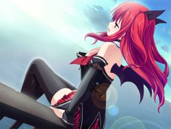 Rule 34 | 1girl, alpha (yukai na nakamatachi), black bow, black sleeves, black thighhighs, black wings, bow, day, detached sleeves, dutch angle, floating hair, game cg, hair between eyes, hair bow, lens flare, long hair, long sleeves, miniskirt, neckerchief, nerthus (ore-sama ragna rock), open mouth, ore-sama ragna rock, outdoors, pleated skirt, red eyes, red hair, red neckerchief, red skirt, shiny clothes, shiny legwear, sitting, skirt, solo, striped clothes, striped skirt, thighhighs, twintails, wings, zettai ryouiki